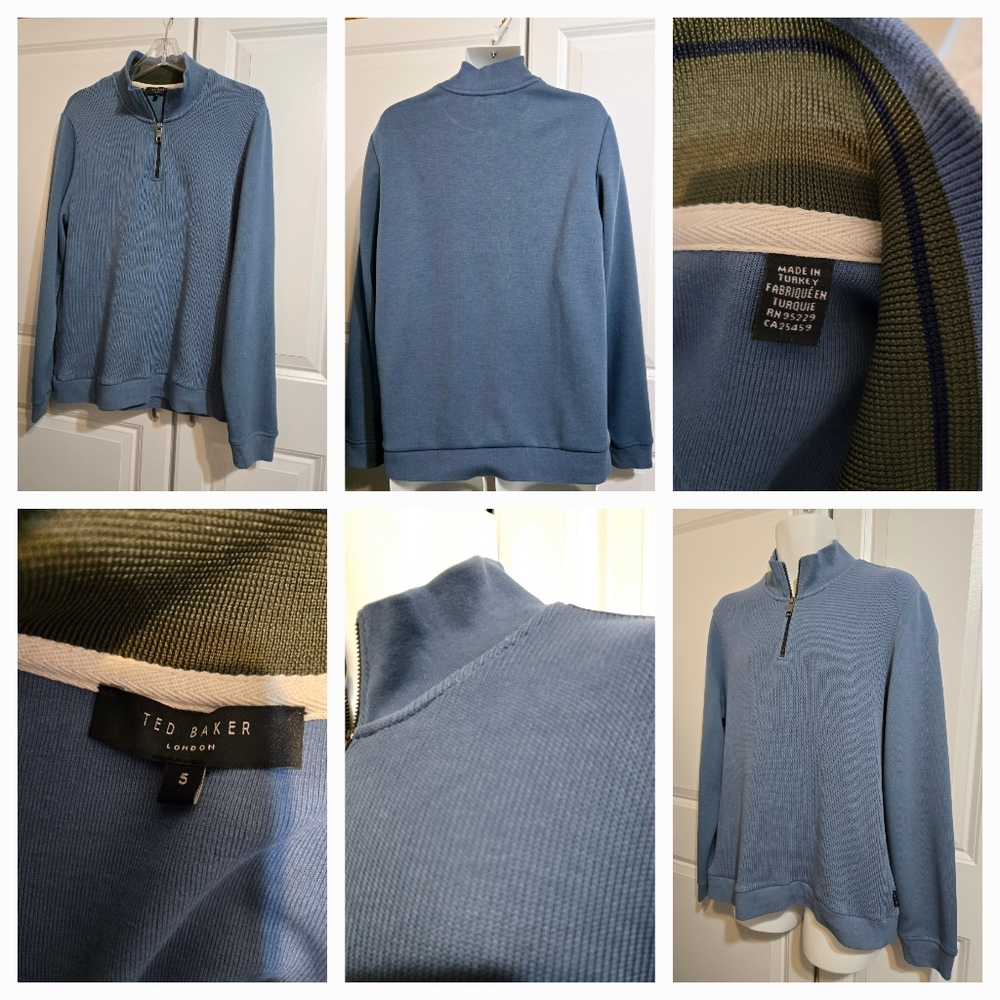 TED BAKER LONDON BLUE QUARTER ZIP PULL OVER FUNNEL NECK MEN'S SWEATER SZE 5